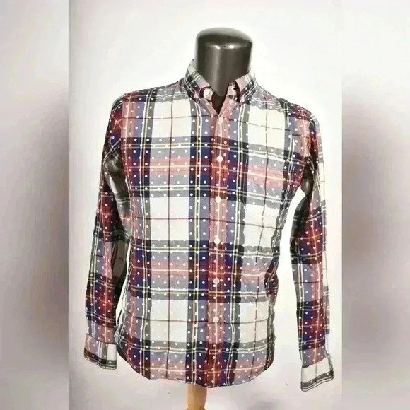 SOPHNET White  Blue Red Polka Dot Tartan Cotton Button Down Shirt Med 38 Japan - Picture 1 of 9